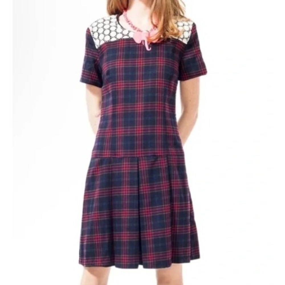 Alice's Pig Caley's Crochet Plaid Mini Dress Green Red Tartan Lace Yoke Size 2